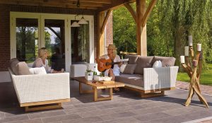 A backyard patio after hardscape installation